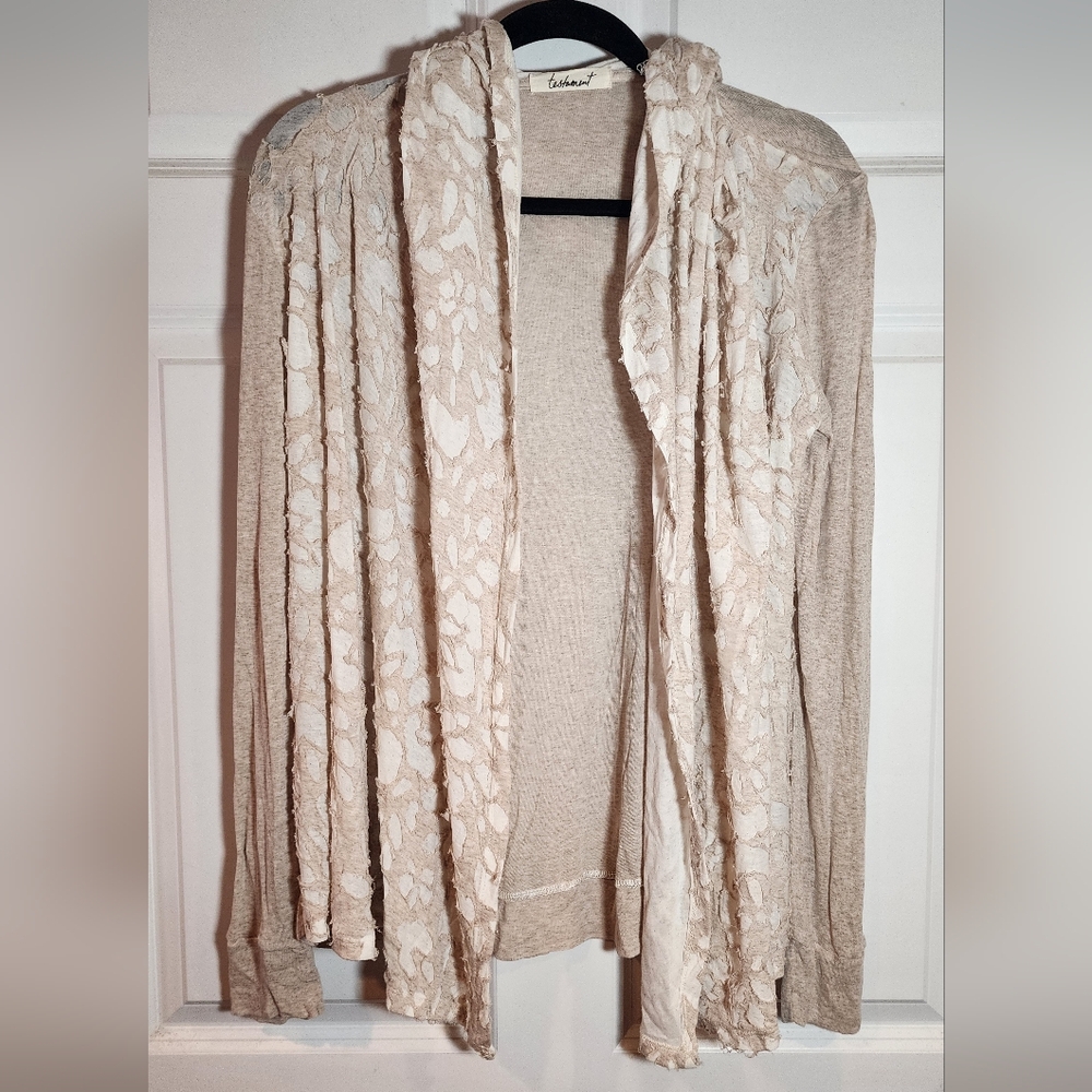 Testament Cream White Sheer Open Front Hooded Cardigan Has Tiny Hole M